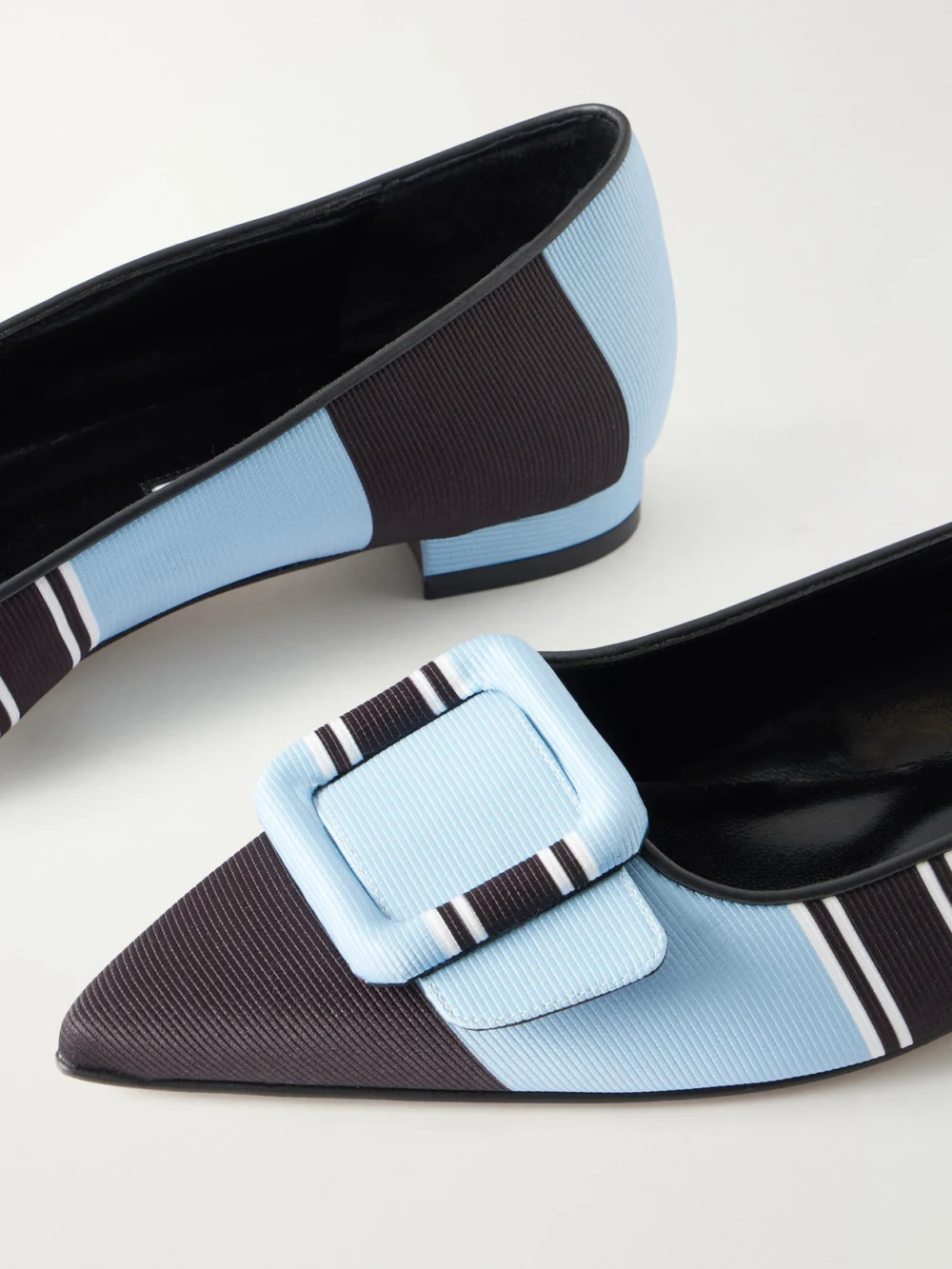 Close-up detail of the Manolo Blahnik + Emilia Wickstead Maysale Striped Grosgrain Point-toe Flats