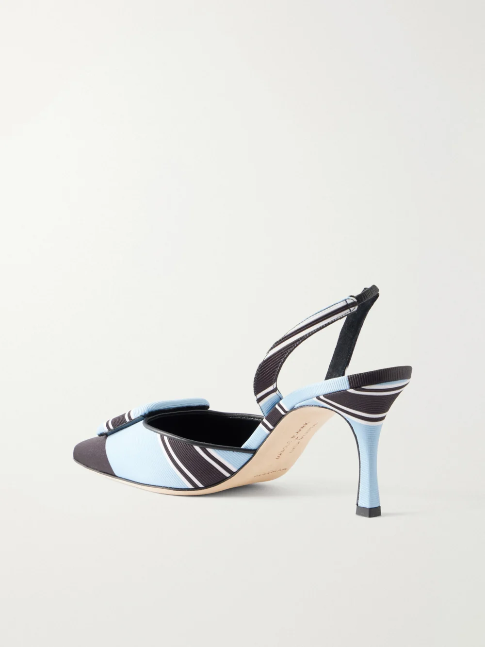 Back view of the Manolo Blahnik + Emilia Wickstead Maysli 70 Striped Grosgrain Slingback Pumps