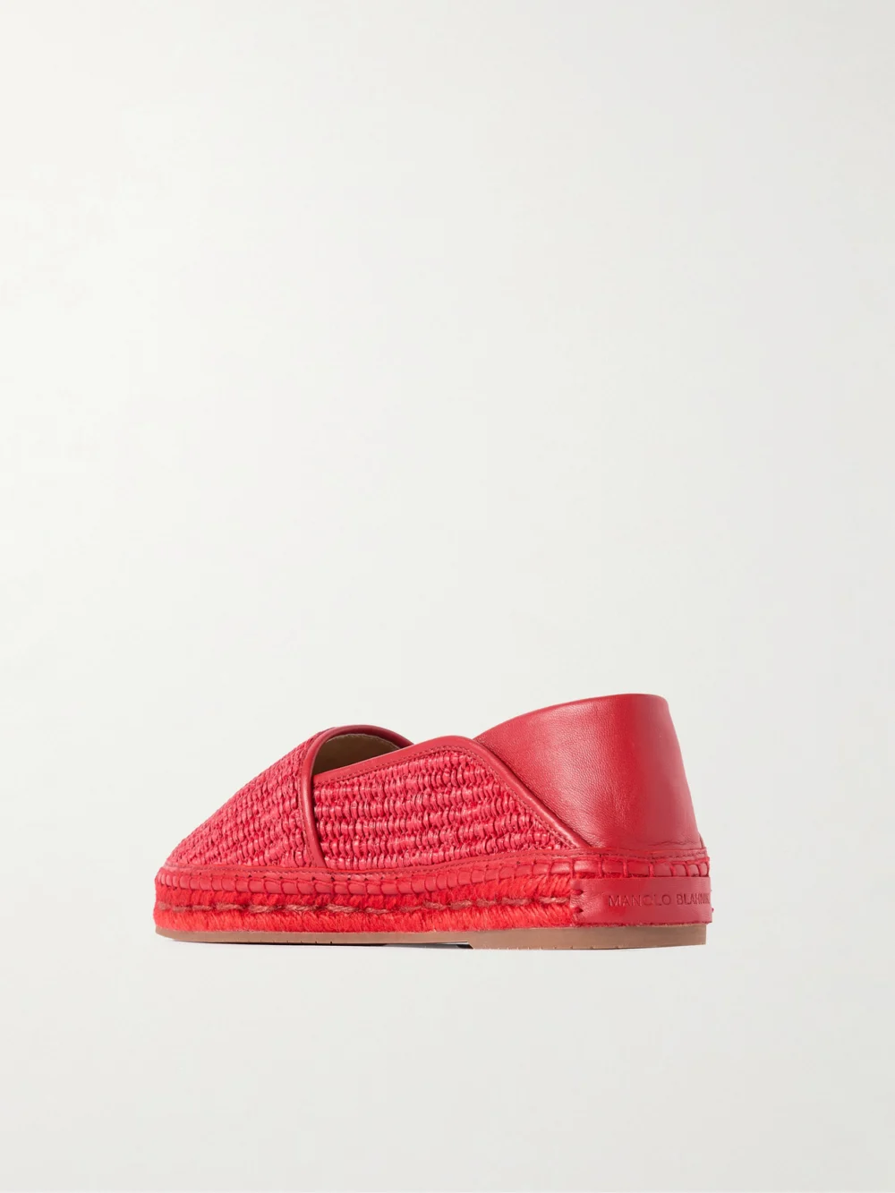 Back view of the Manolo Blahnik Espadra Collapsible-heel Leather-trimmed Raffia Espadrilles