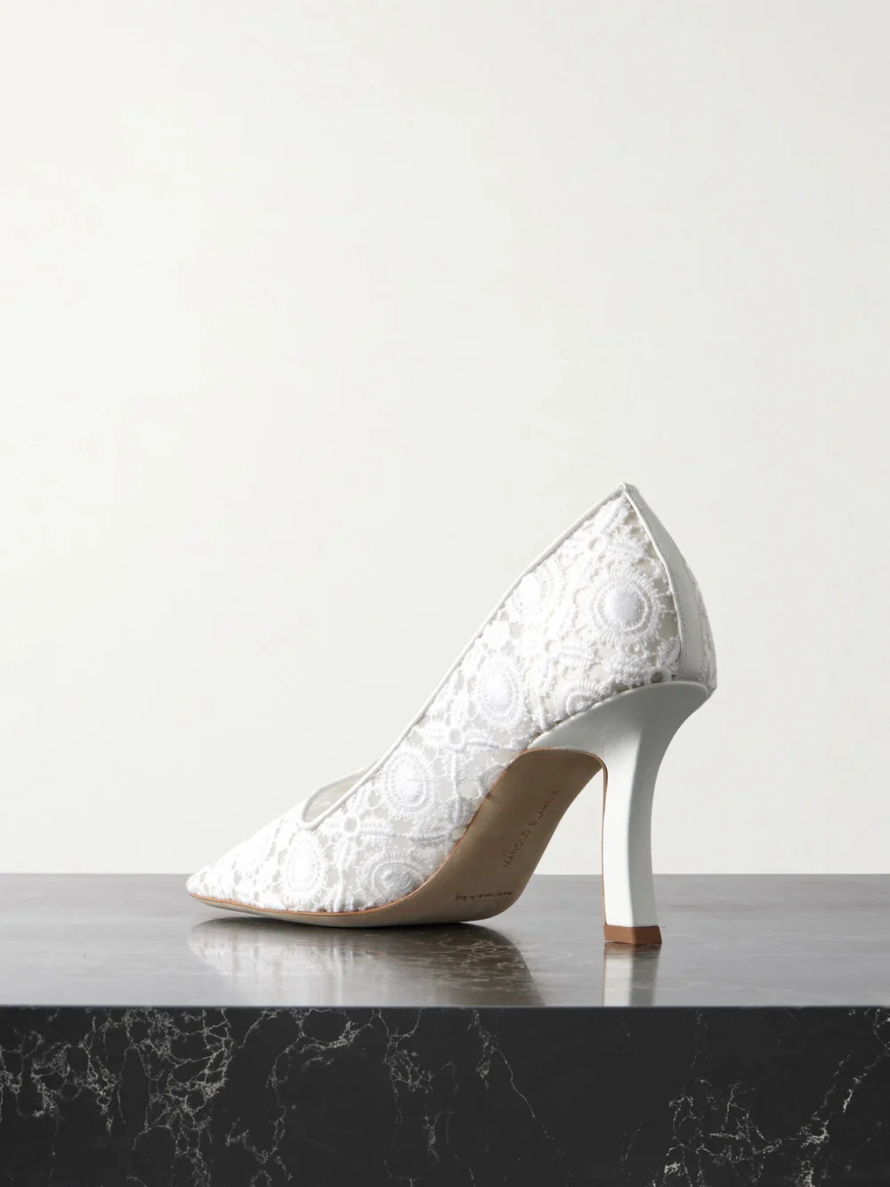 Back view of the Manolo Blahnik Euridi 90 Leather-trimmed Lace Pumps
