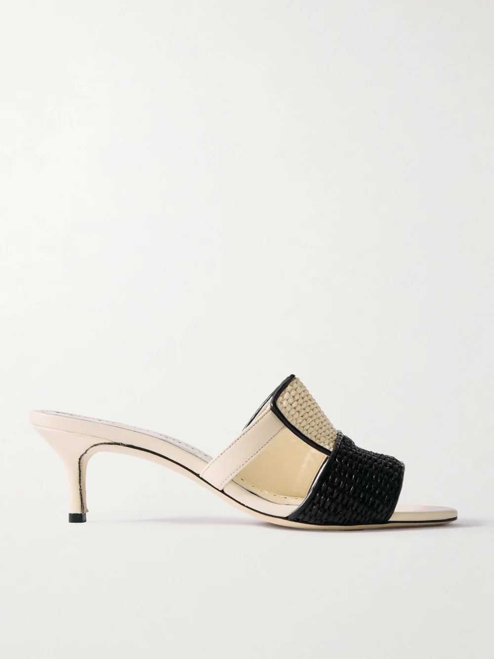 Manolo Blahnik Fabiolamu 50 Cutout Leather-trimmed Two-tone Raffia Mules in cream