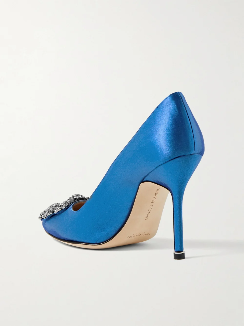 Back view of the Manolo Blahnik Hangisi 105 Crystal-embellished Satin Pumps