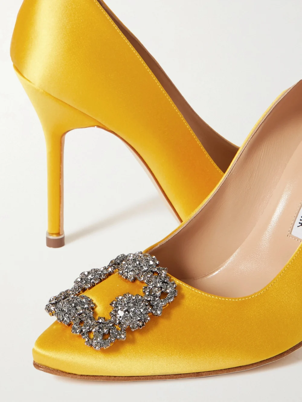 Close-up detail of the Manolo Blahnik Hangisi 105 Crystal-embellished Satin Pumps
