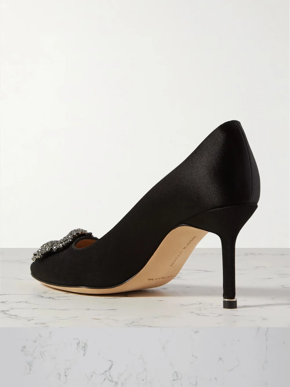 Back view of the Manolo Blahnik Hangisi 70 Crystal-embellished Satin Pumps