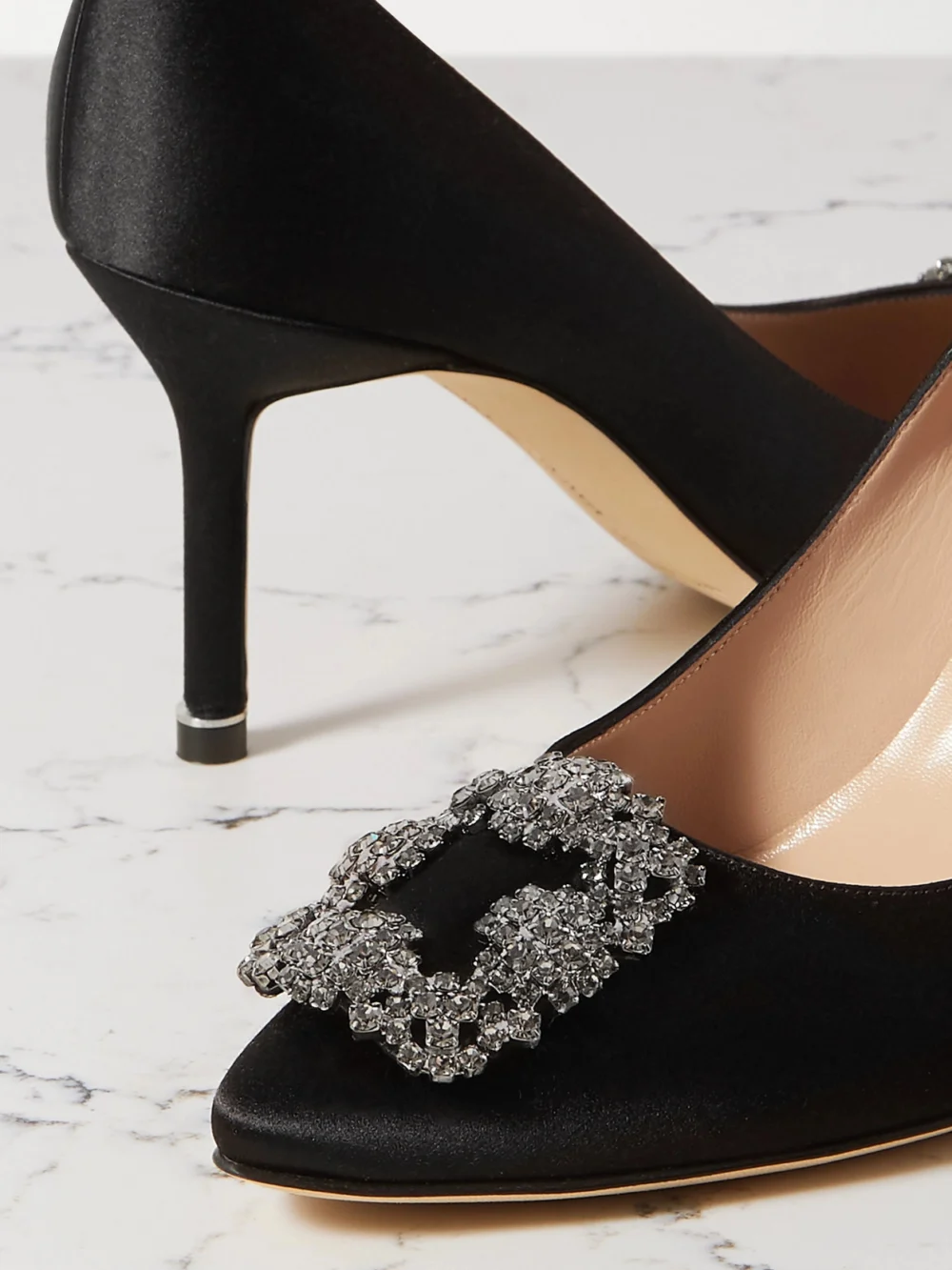 Close-up detail of the Manolo Blahnik Hangisi 70 Crystal-embellished Satin Pumps