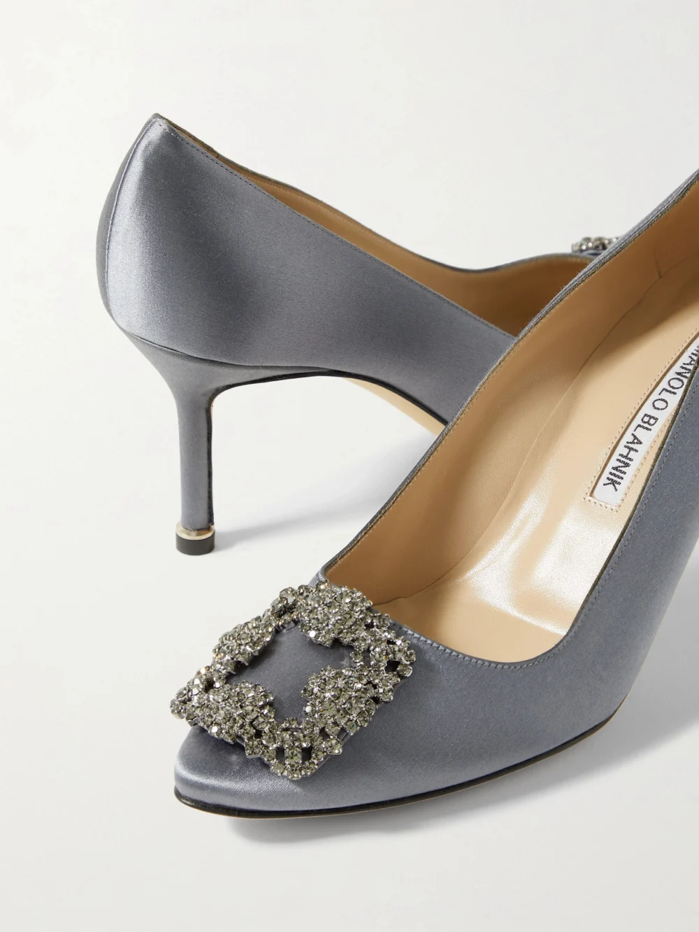 Close-up detail of the Manolo Blahnik Hangisi 70 Crystal-embellished Satin Pumps
