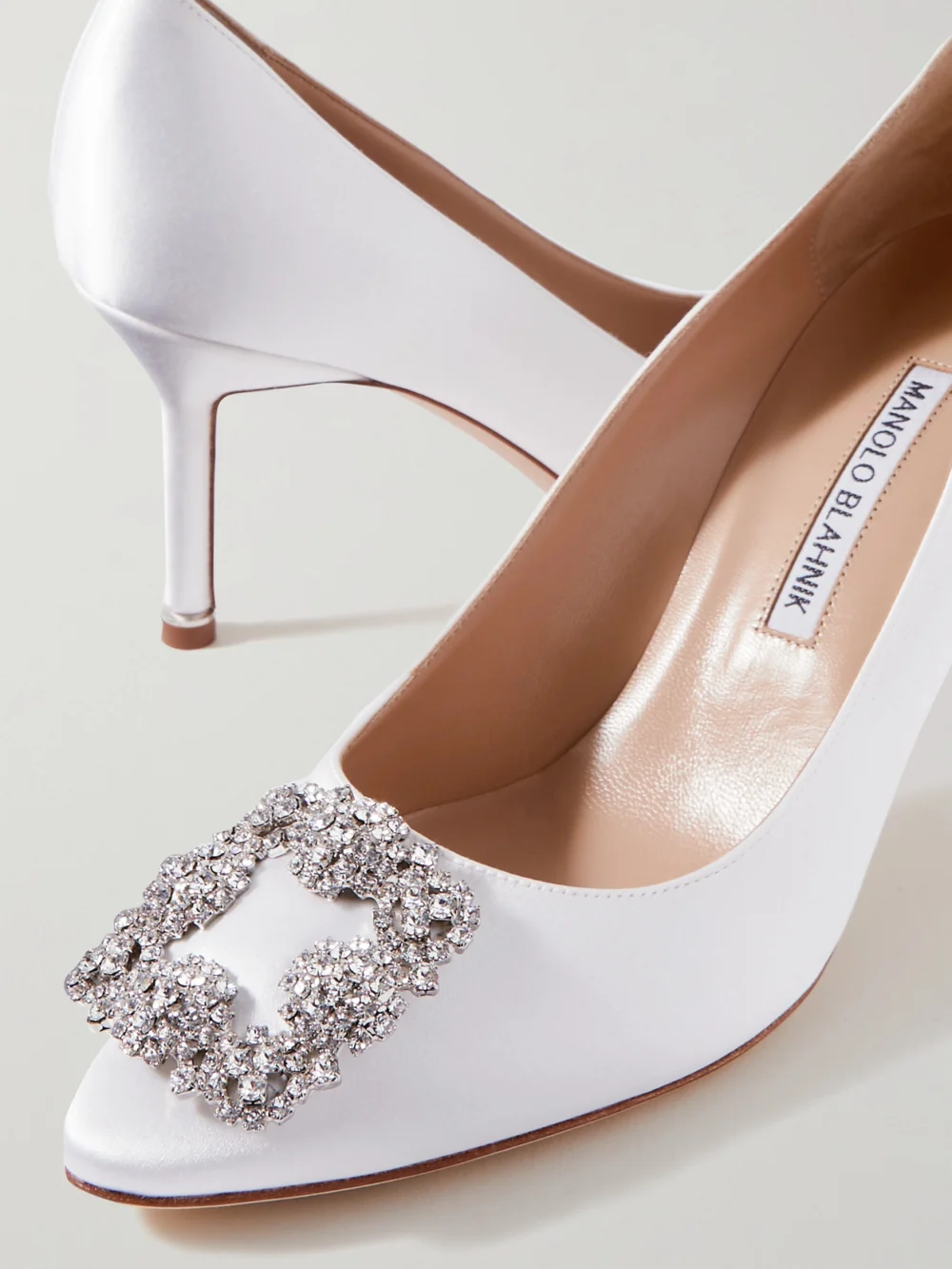 Close-up detail of the Manolo Blahnik Hangisi 70 Crystal-embellished Satin Pumps