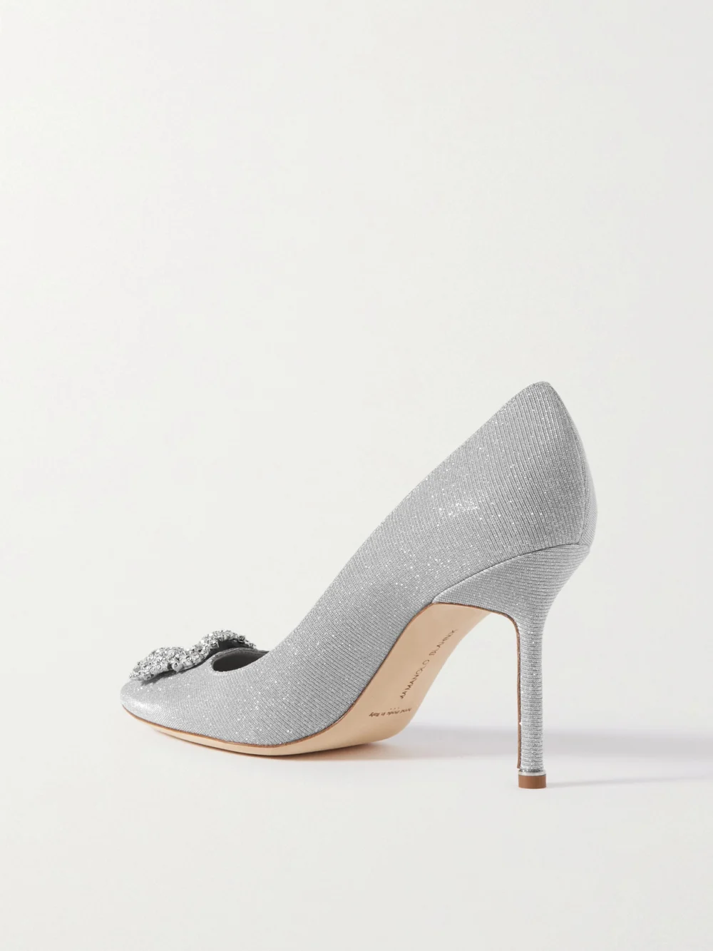 Back view of the Manolo Blahnik Hangisi 90 Crystal-embellished Glittered Satin Pumps