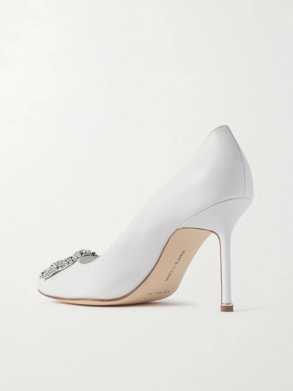 Back view of the Manolo Blahnik Hangisi 90 Crystal-embellished Leather Pumps
