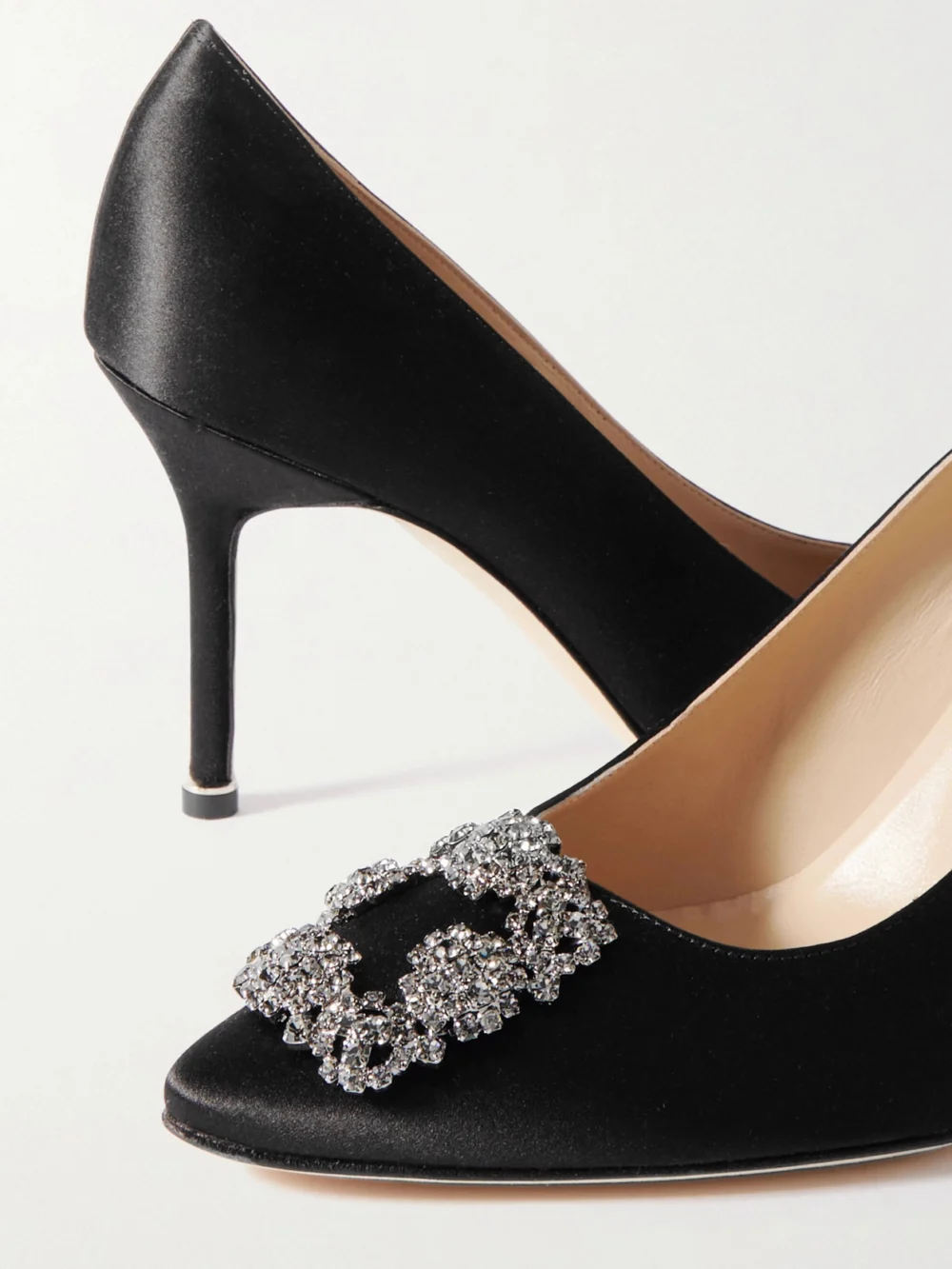 Close-up detail of the Manolo Blahnik Hangisi 90 Crystal-embellished Satin Pumps