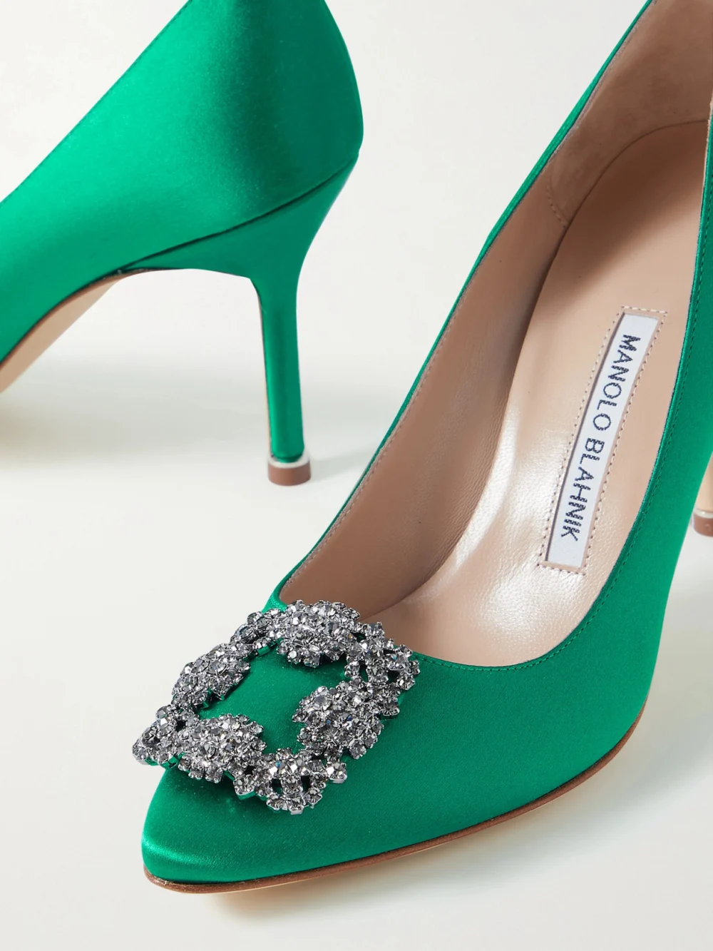 Close-up detail of the Manolo Blahnik Hangisi 90 Crystal-embellished Satin Pumps