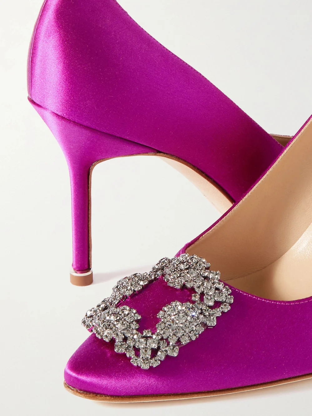 Close-up detail of the Manolo Blahnik Hangisi 90 Crystal-embellished Satin Pumps