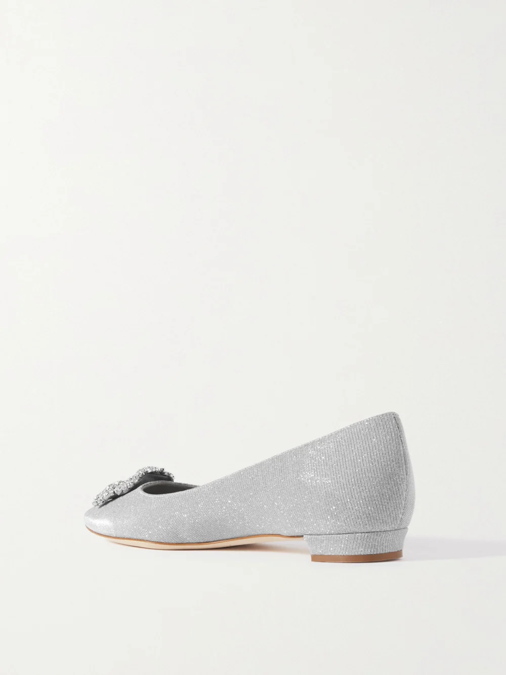 Back view of the Manolo Blahnik Hangisi Crystal-embellished Glittered Satin Point-toe Flats