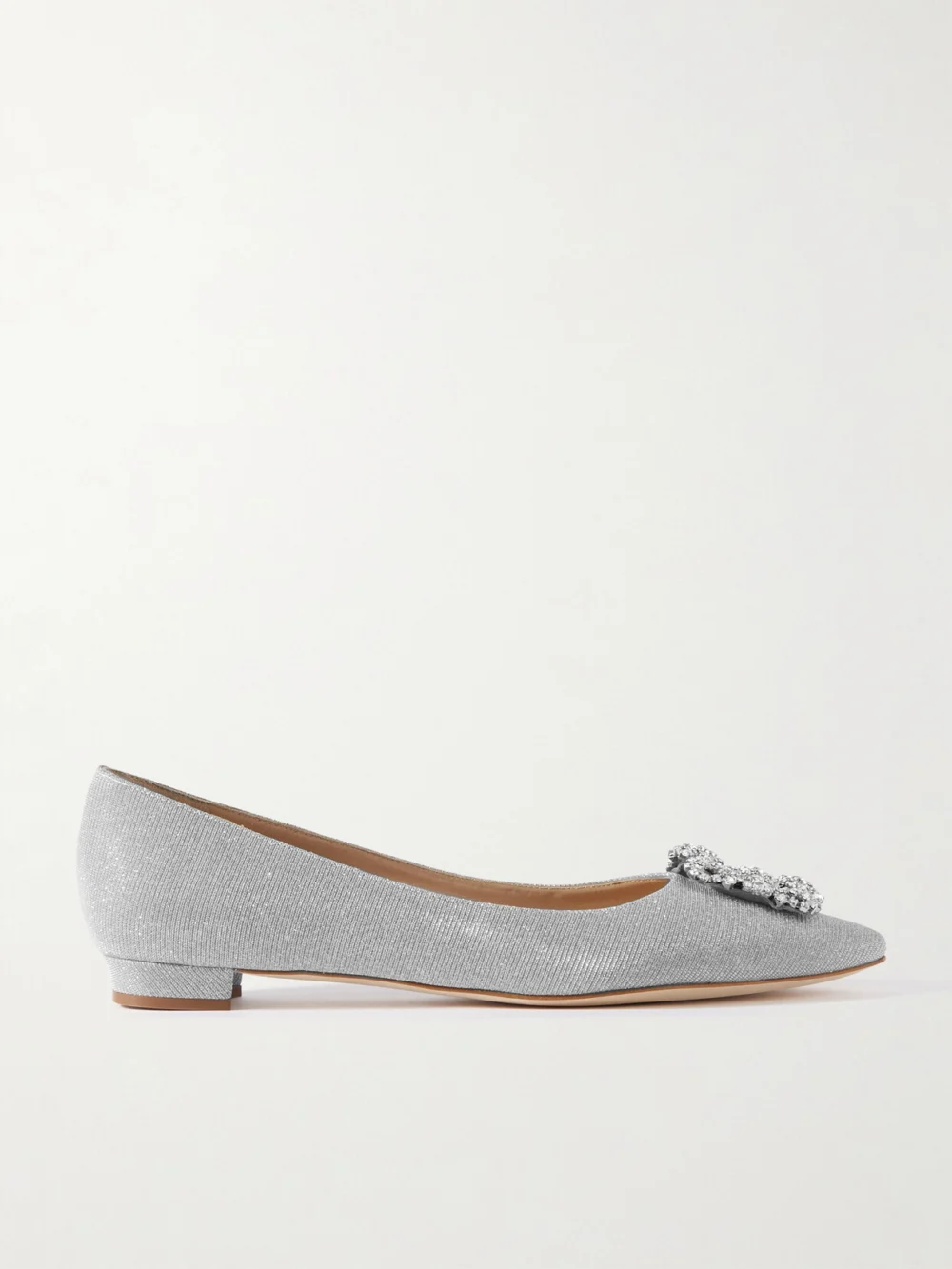 Manolo Blahnik Hangisi Crystal-embellished Glittered Satin Point-toe Flats in silver