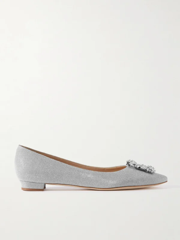 Manolo Blahnik Hangisi Crystal-embellished Glittered Satin Point-toe Flats