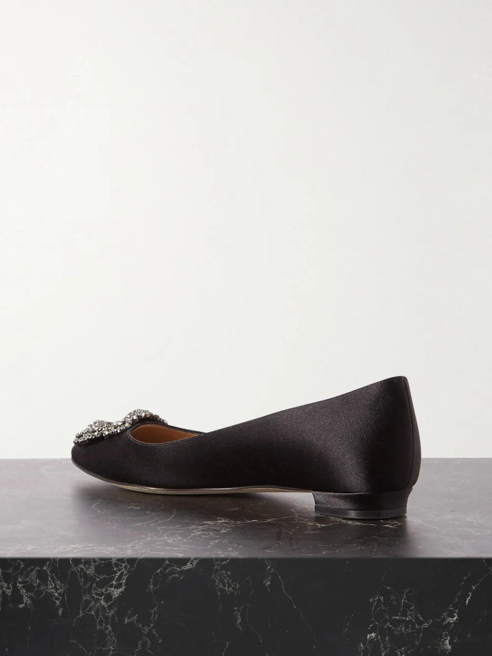 Back view of the Manolo Blahnik Hangisi Crystal-embellished Satin Point-toe Flats