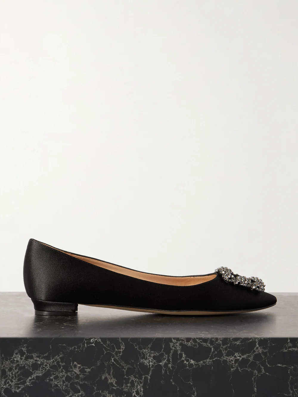 Manolo Blahnik Hangisi Crystal-embellished Satin Point-toe Flats in black