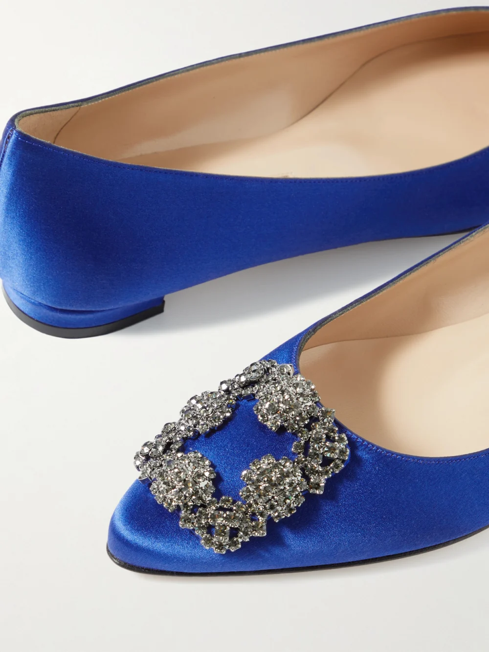 Close-up detail of the Manolo Blahnik Hangisi Crystal-embellished Satin Point-toe Flats