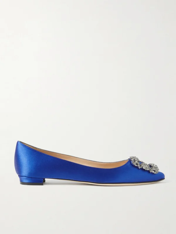 Manolo Blahnik Hangisi Crystal-embellished Satin Point-toe Flats