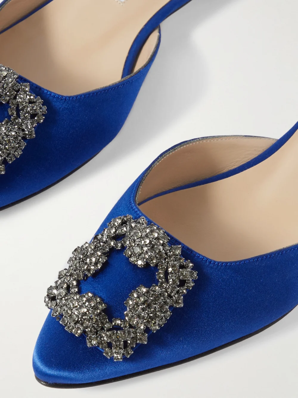 Close-up detail of the Manolo Blahnik Hangisi Crystal-embellished Satin Slippers
