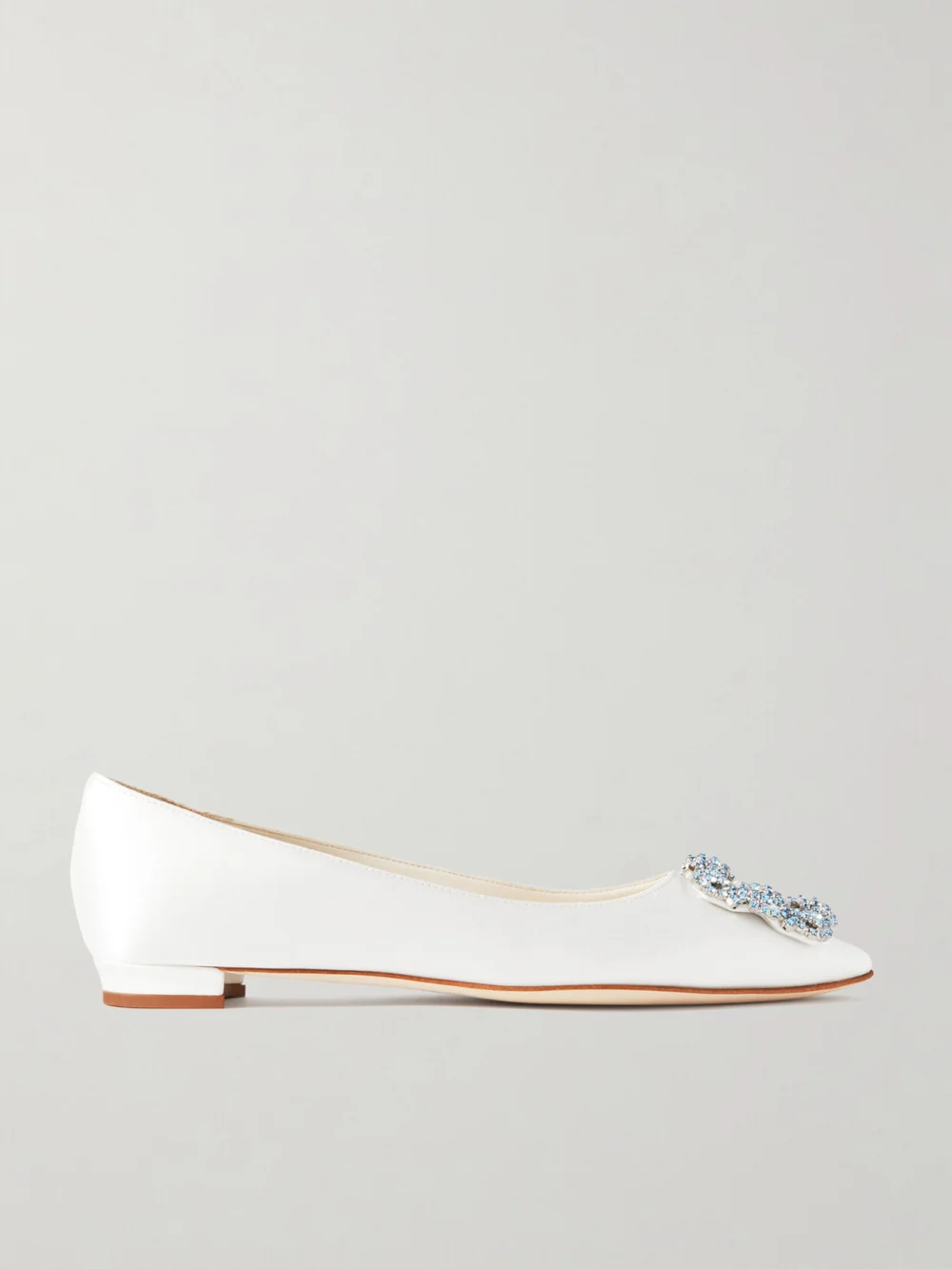 Manolo Blahnik Hangisiflat Crystal-embellished Satin Point-toe Flats in white