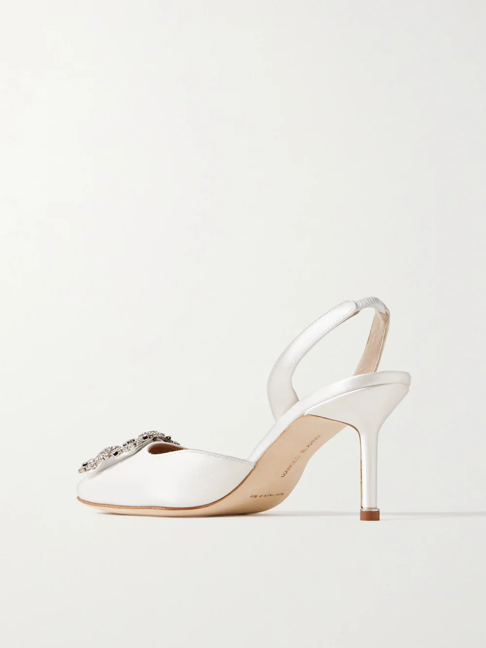 Back view of the Manolo Blahnik Hangisli 70 Crystal-embellished Satin Slingback Pumps