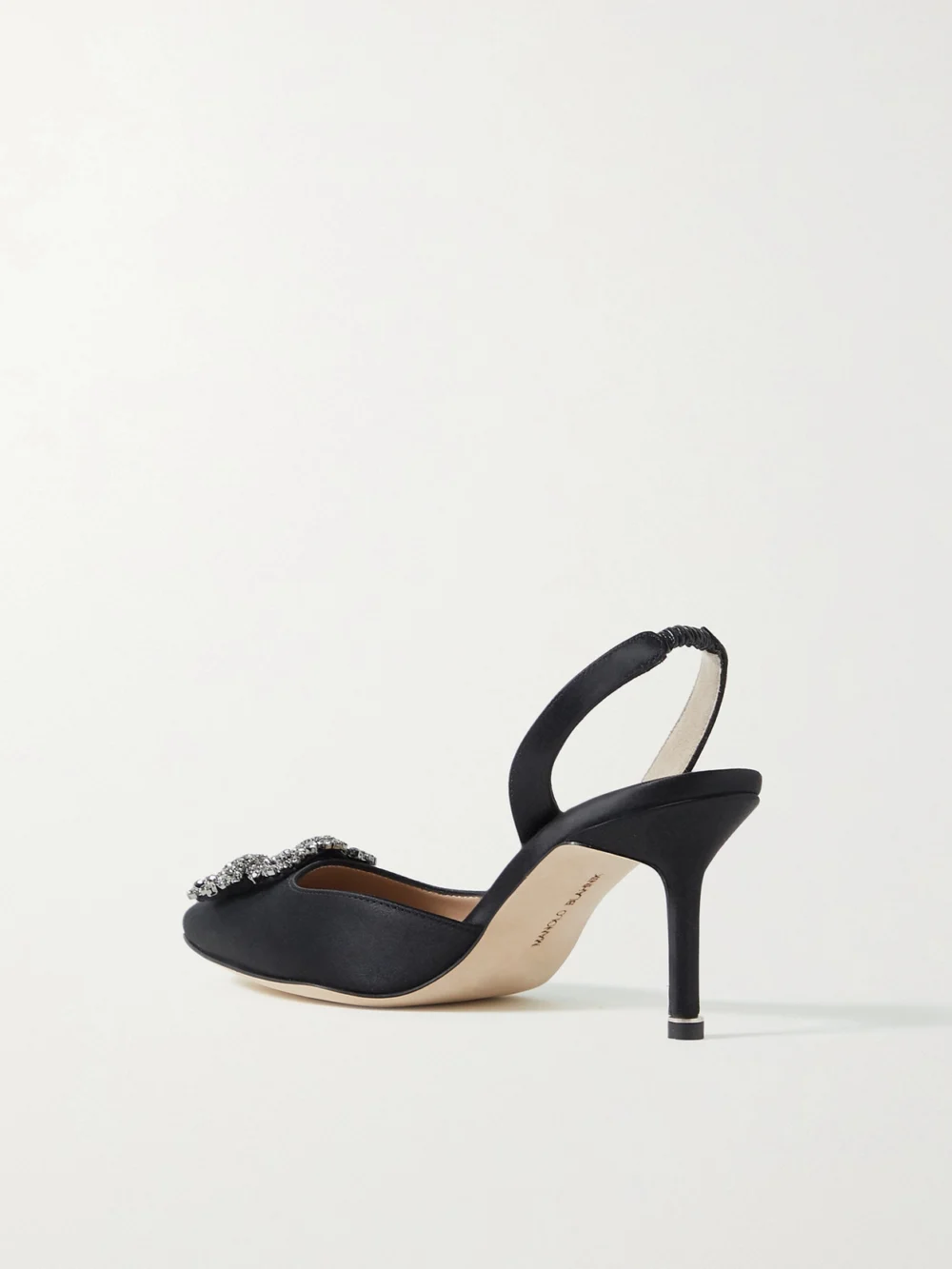 Back view of the Manolo Blahnik Hangisli 70 Embellished Satin Slingback Pumps