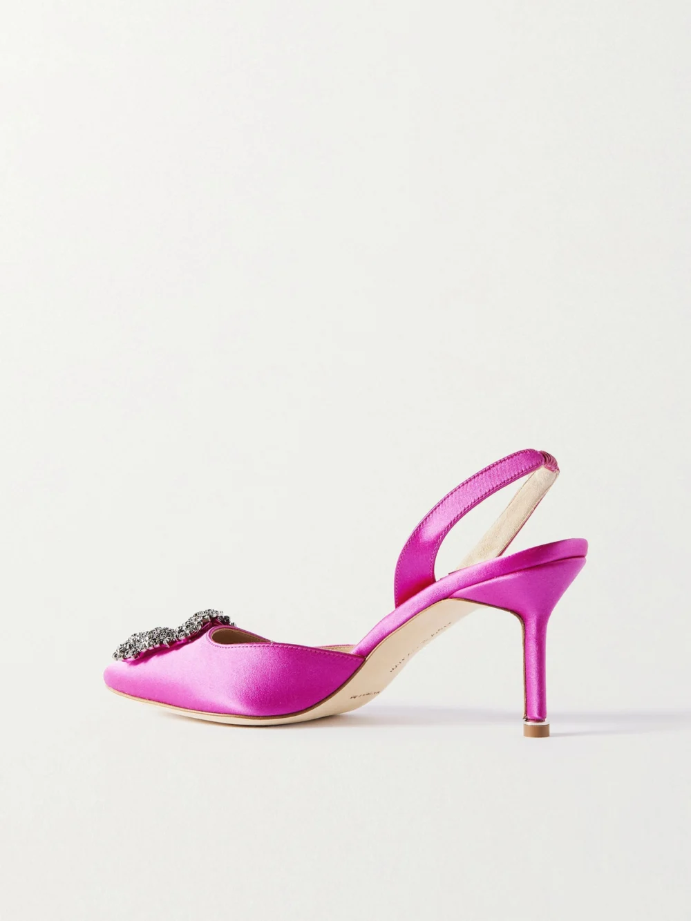 Back view of the Manolo Blahnik Hangisli 70 Embellished Satin Slingback Pumps