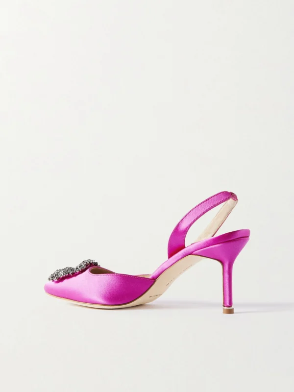 Back view of the Manolo Blahnik Hangisli 70 Embellished Satin Slingback Pumps