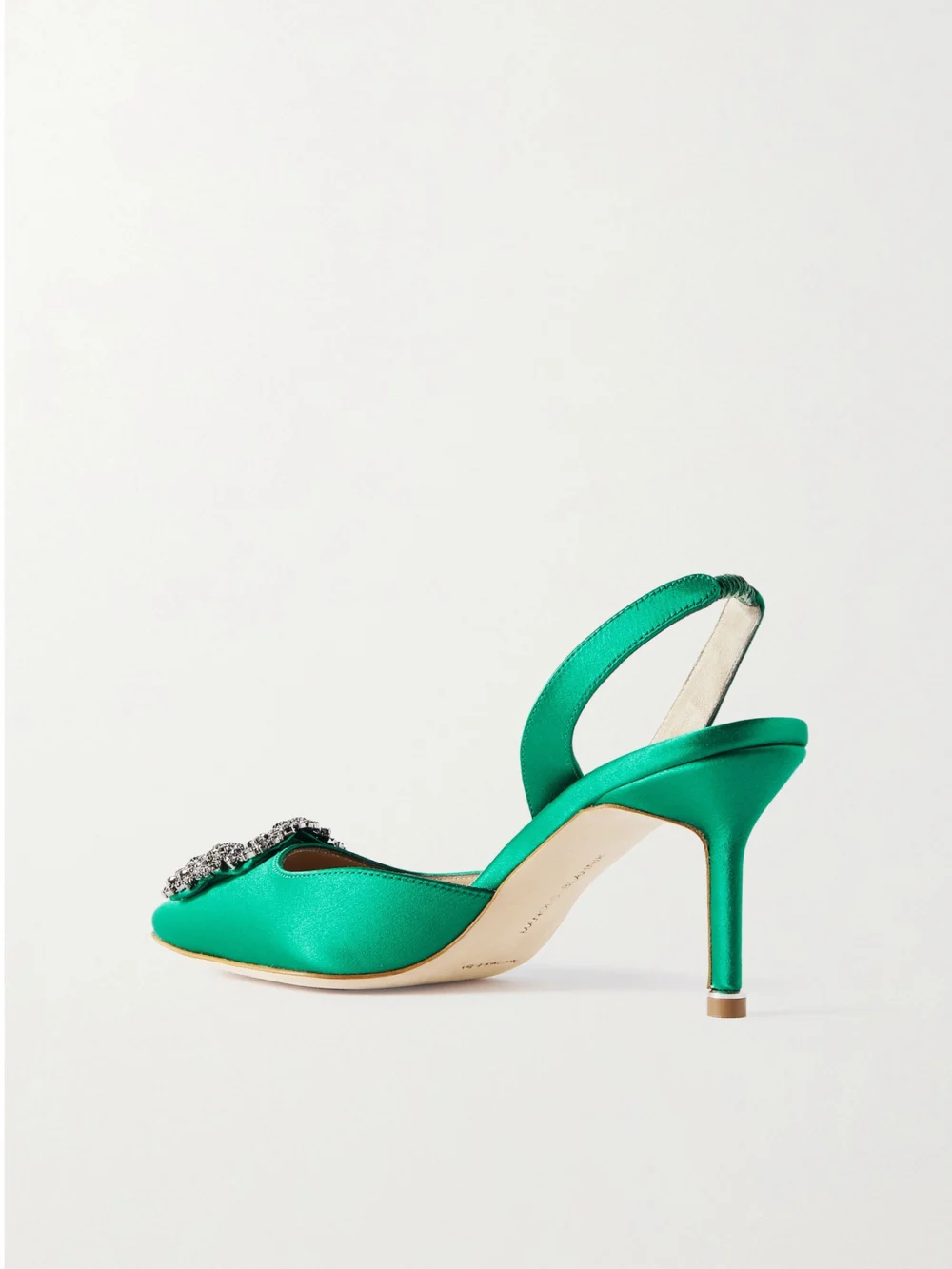 Back view of the Manolo Blahnik Hangisli 70 Embellished Satin Slingback Pumps