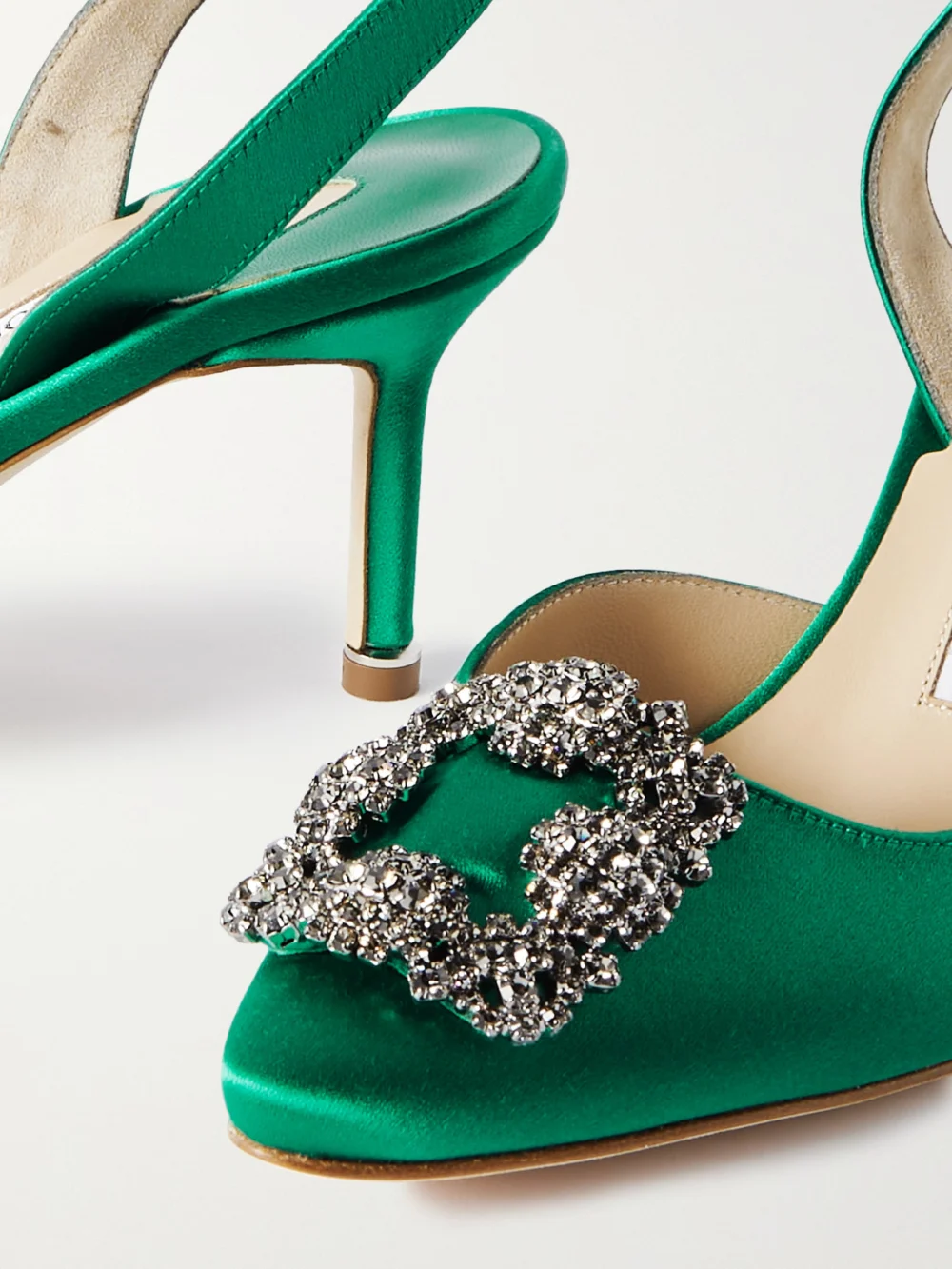 Close-up detail of the Manolo Blahnik Hangisli 70 Embellished Satin Slingback Pumps