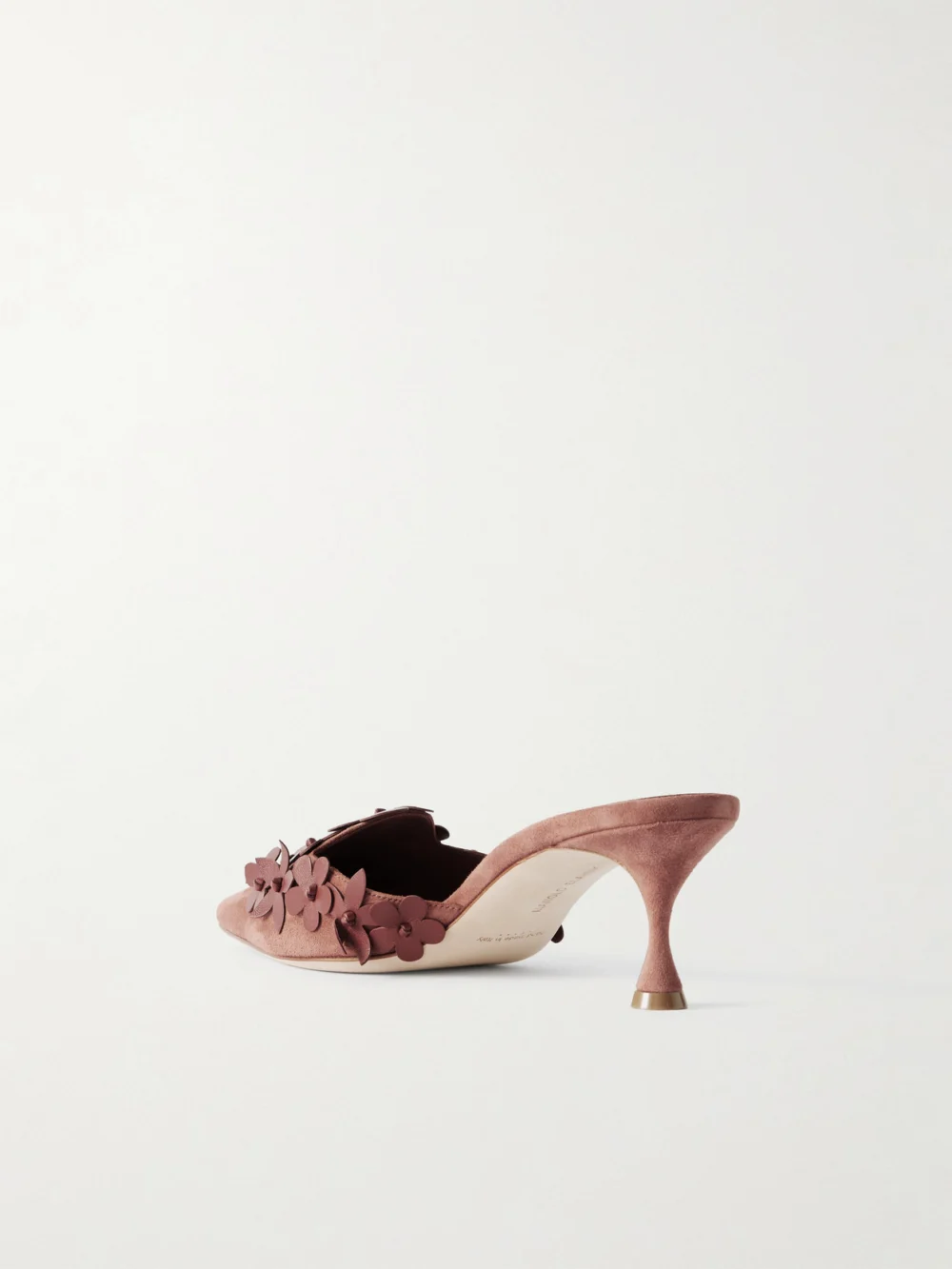Back view of the Manolo Blahnik Harnes 50 Appliquéd Suede Mules