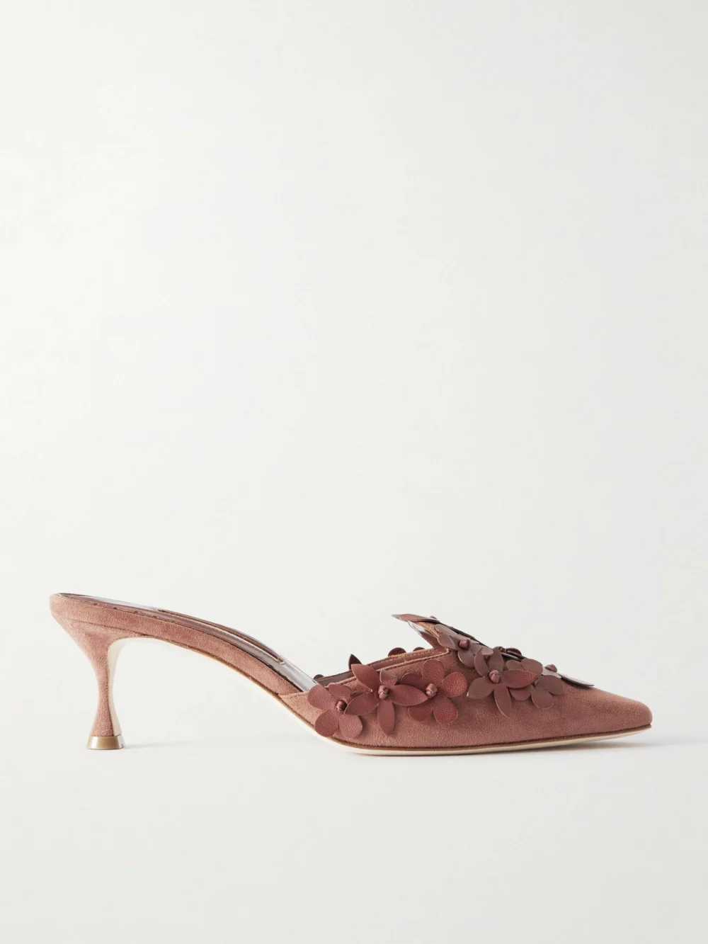 Manolo Blahnik Harnes 50 Appliquéd Suede Mules in brown