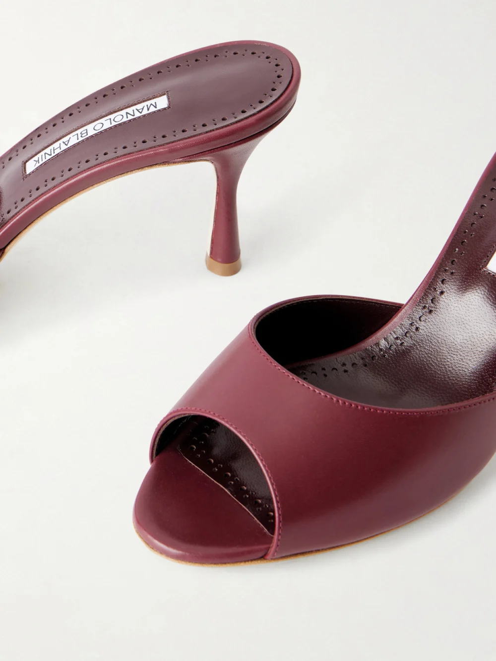 Close-up detail of the Manolo Blahnik Jada 70 Leather Mules