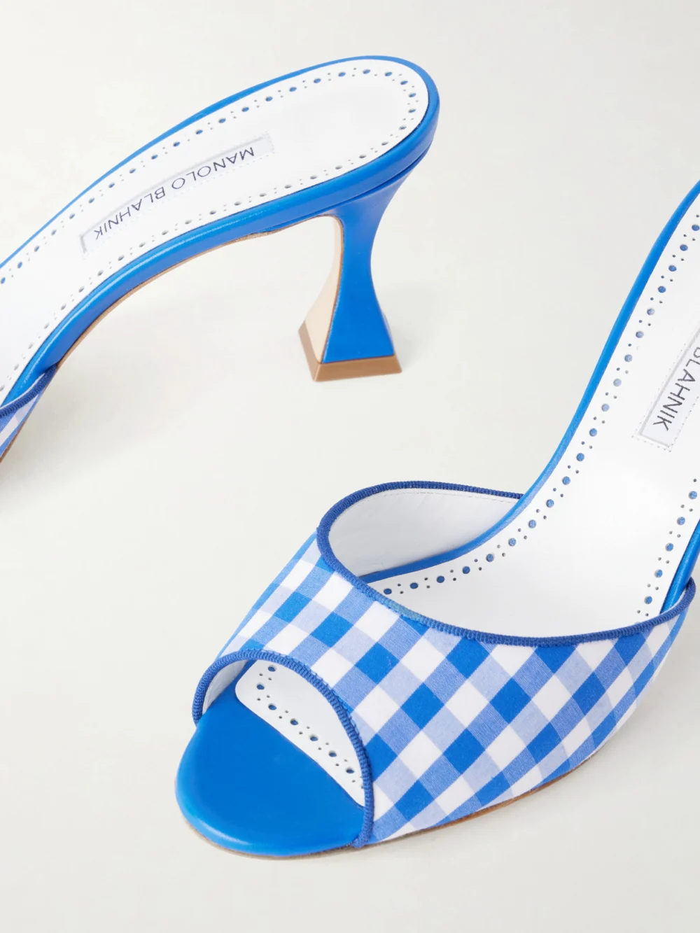 Close-up detail of the Manolo Blahnik Jadara 70 Checked Woven Mules