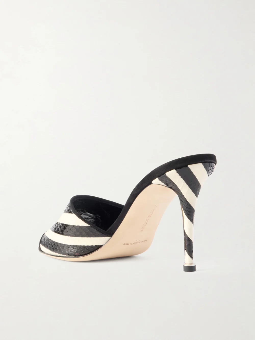 Back view of the Manolo Blahnik Larache 90 Striped Elaphe Mules