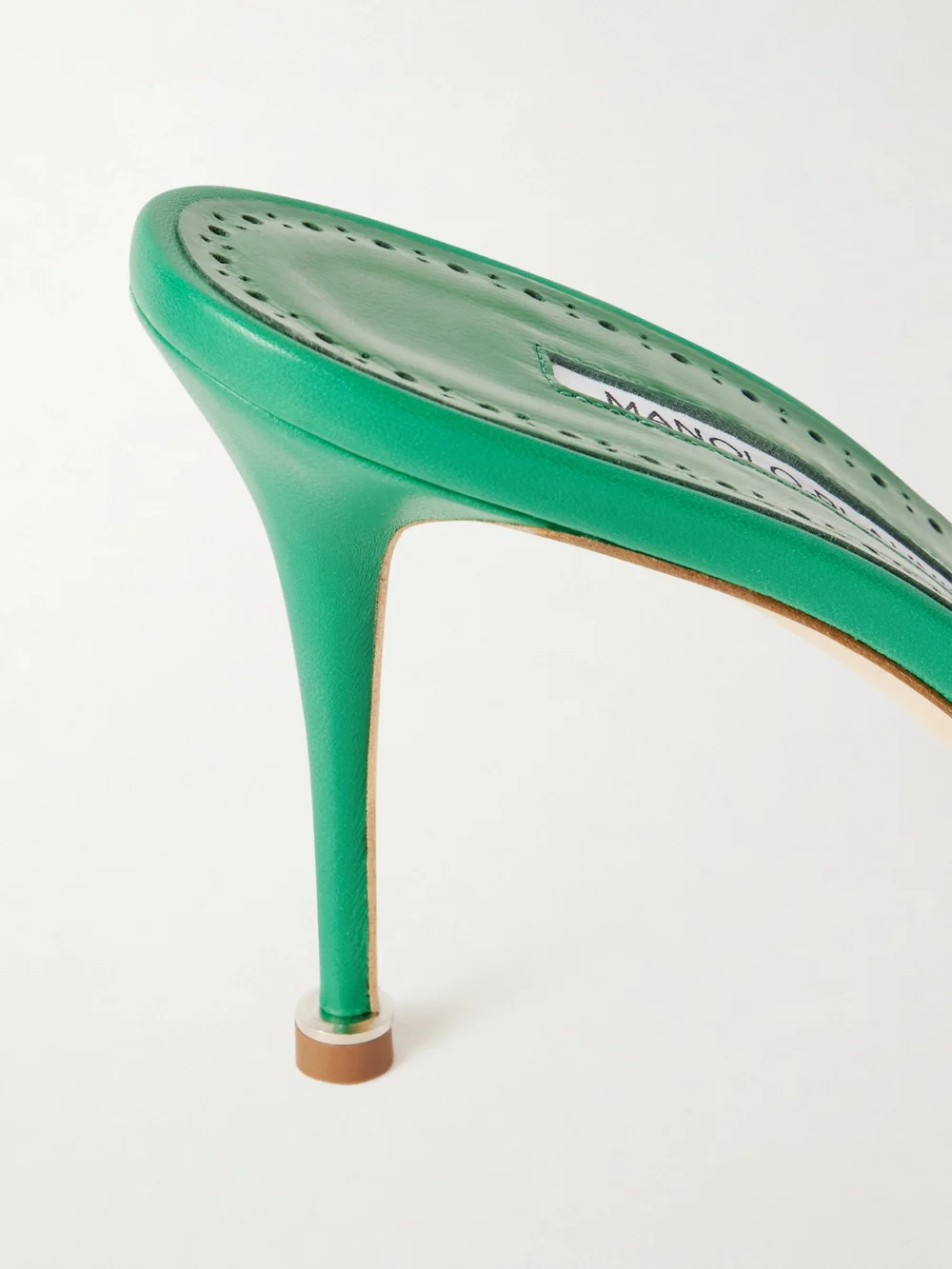 Close-up detail of the Manolo Blahnik Larache 90 Suede Mules