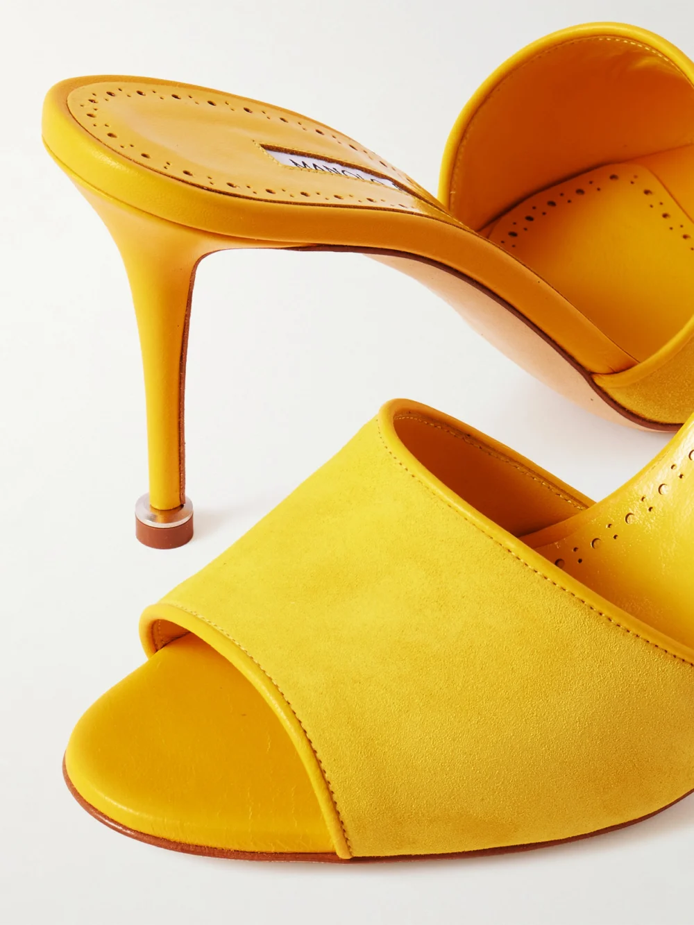 Close-up detail of the Manolo Blahnik Larache 90 Suede Mules