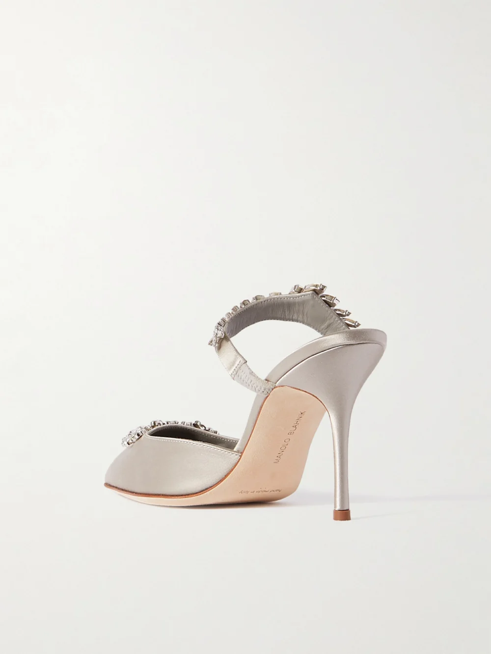 Back view of the Manolo Blahnik Lurum 90 Crystal-embellished Satin Mules