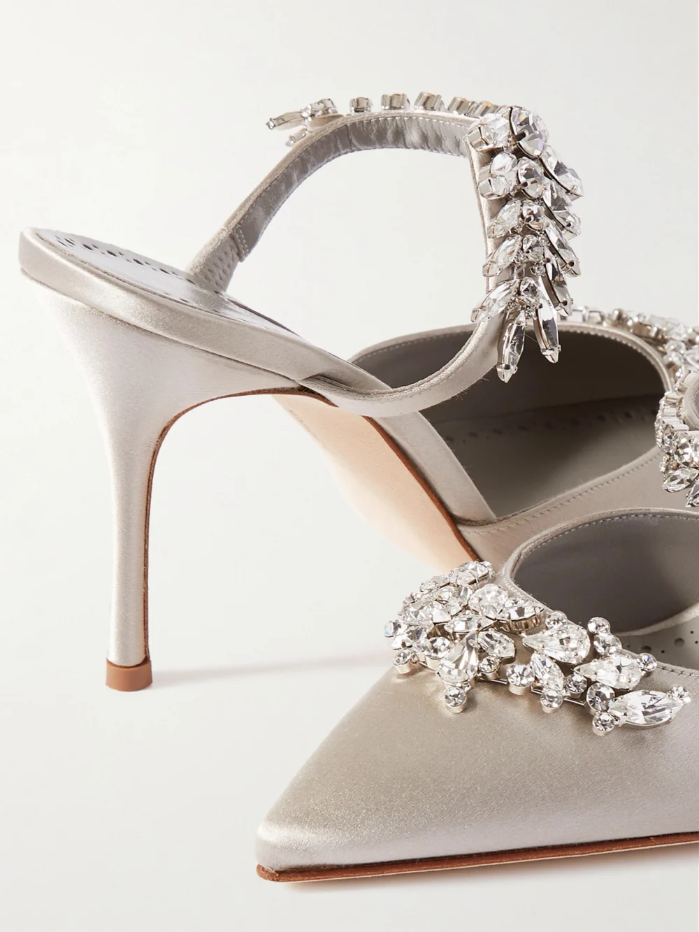 Close-up detail of the Manolo Blahnik Lurum 90 Crystal-embellished Satin Mules
