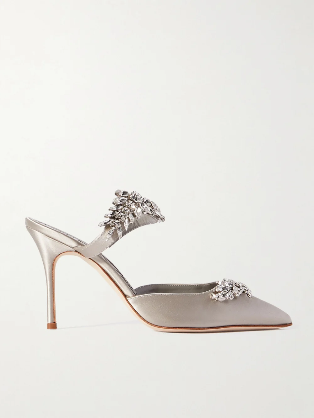 Manolo Blahnik Lurum 90 Crystal-embellished Satin Mules in light gray