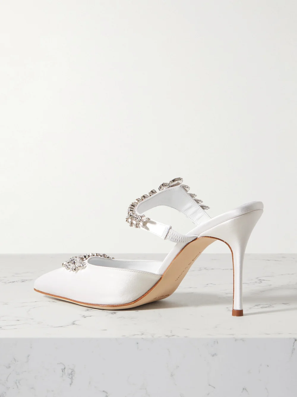 Back view of the Manolo Blahnik Lurum 90 Crystal-embellished Satin Mules