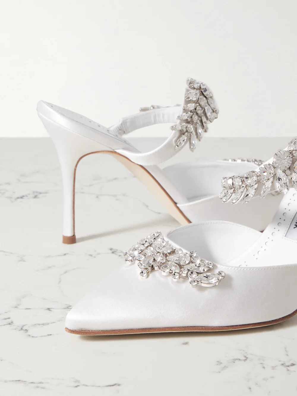 Close-up detail of the Manolo Blahnik Lurum 90 Crystal-embellished Satin Mules