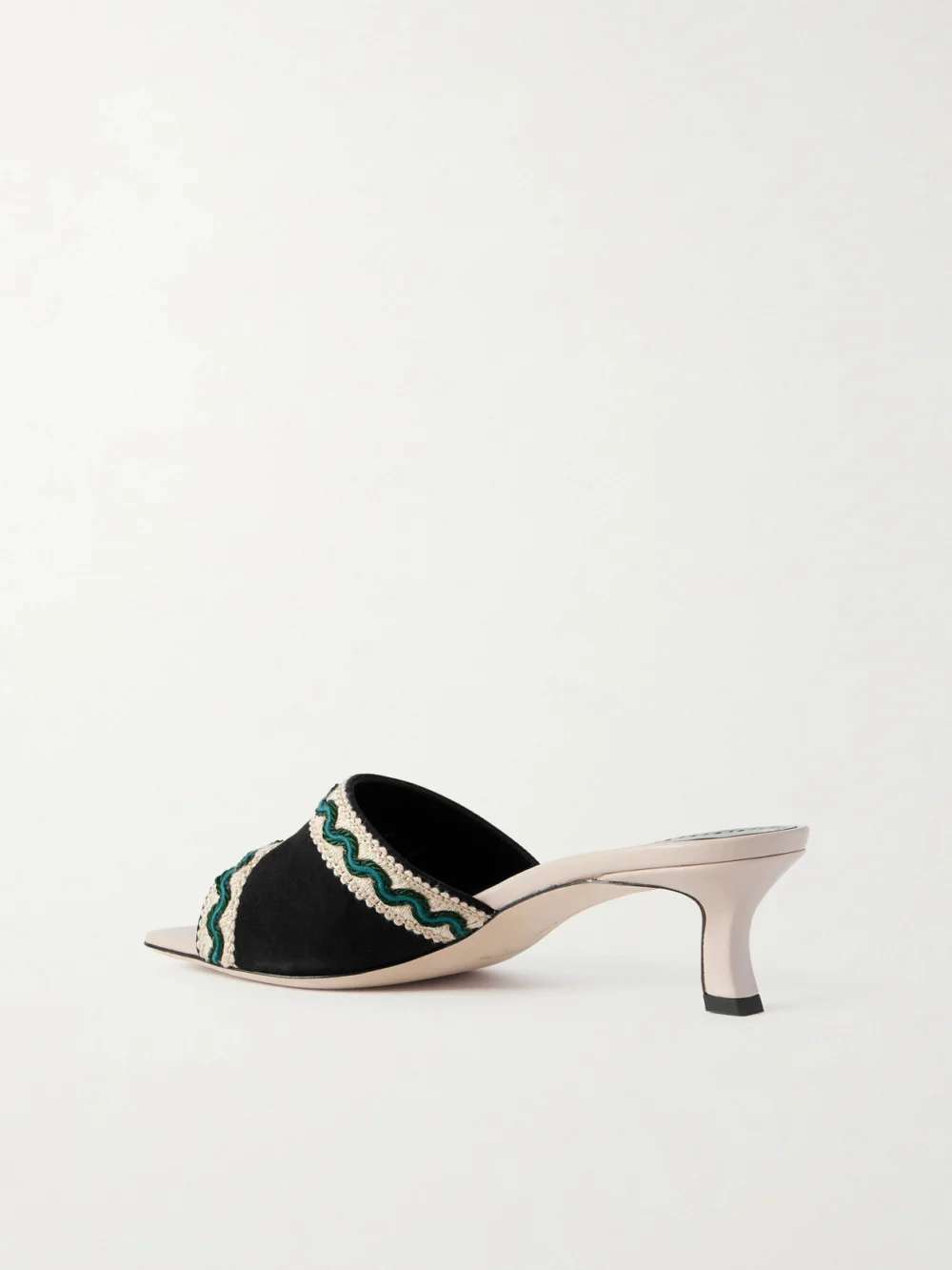 Back view of the Manolo Blahnik Marebis 50 Embroidered Raffia-trimmed Suede Mules