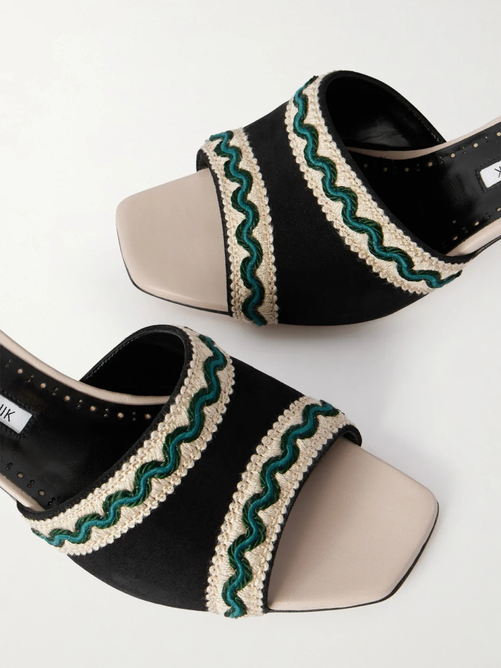 Close-up detail of the Manolo Blahnik Marebis 50 Embroidered Raffia-trimmed Suede Mules