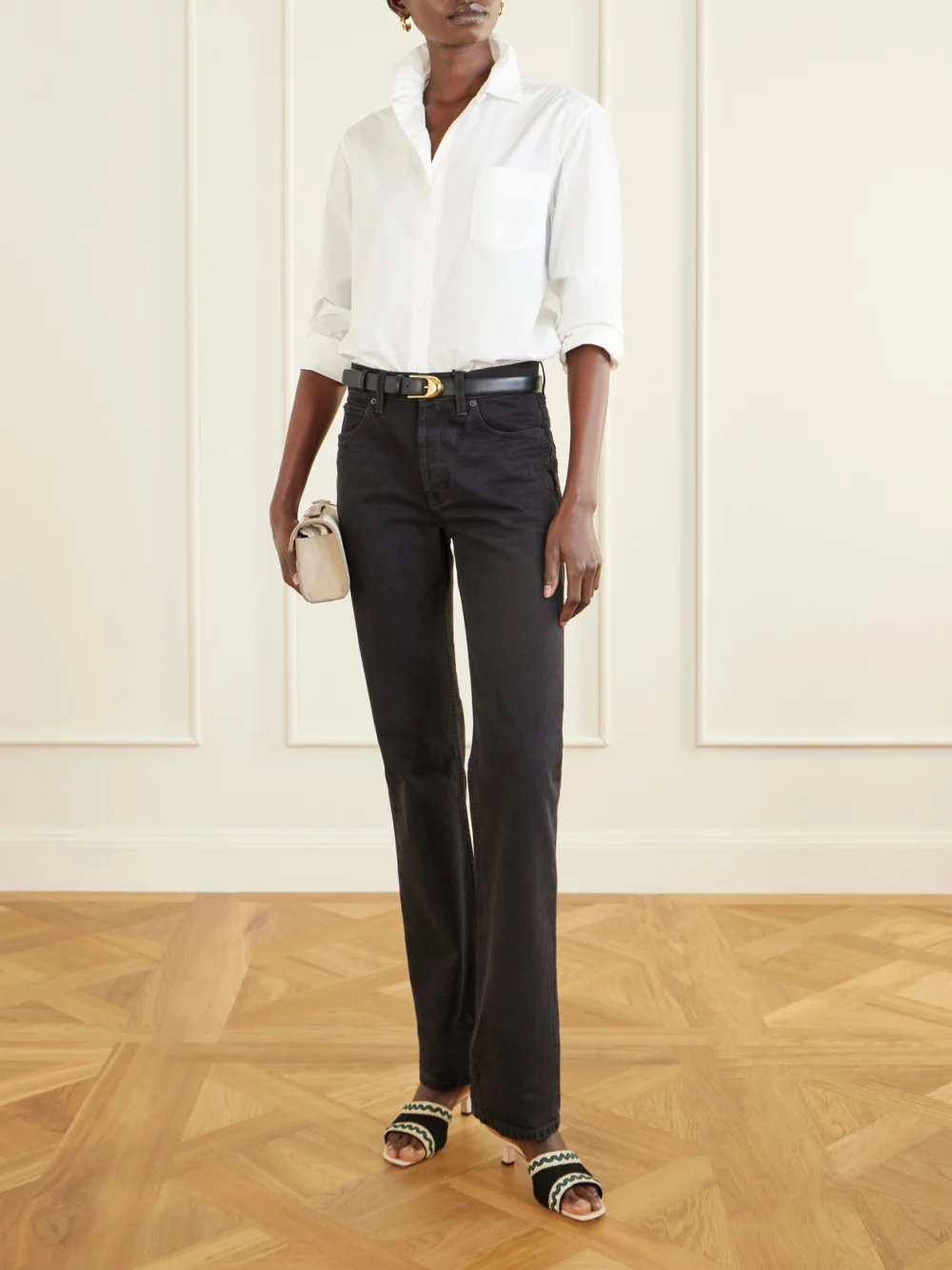 Manolo Blahnik Marebis 50 Embroidered Raffia-trimmed Suede Mules, styled view