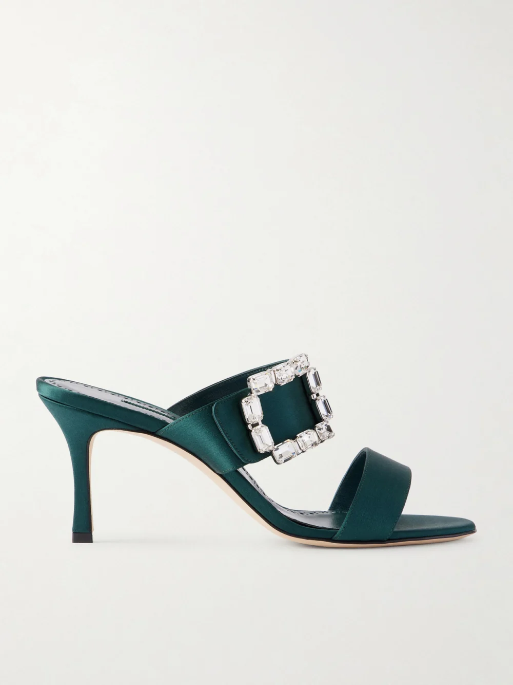 Manolo Blahnik Mayjousan 70 Crystal-embellished Satin Mules in dark green