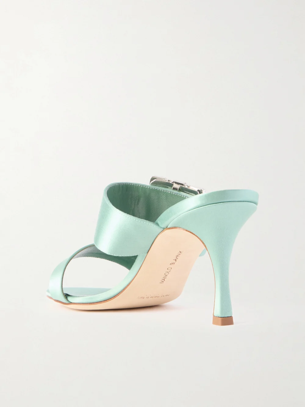 Back view of the Manolo Blahnik Mayjousan 70 Crystal-embellished Satin Mules