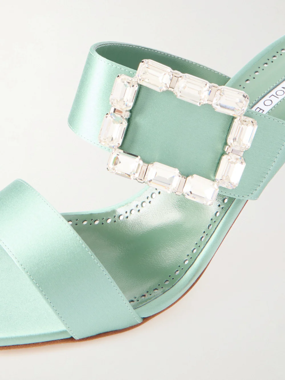 Close-up detail of the Manolo Blahnik Mayjousan 70 Crystal-embellished Satin Mules