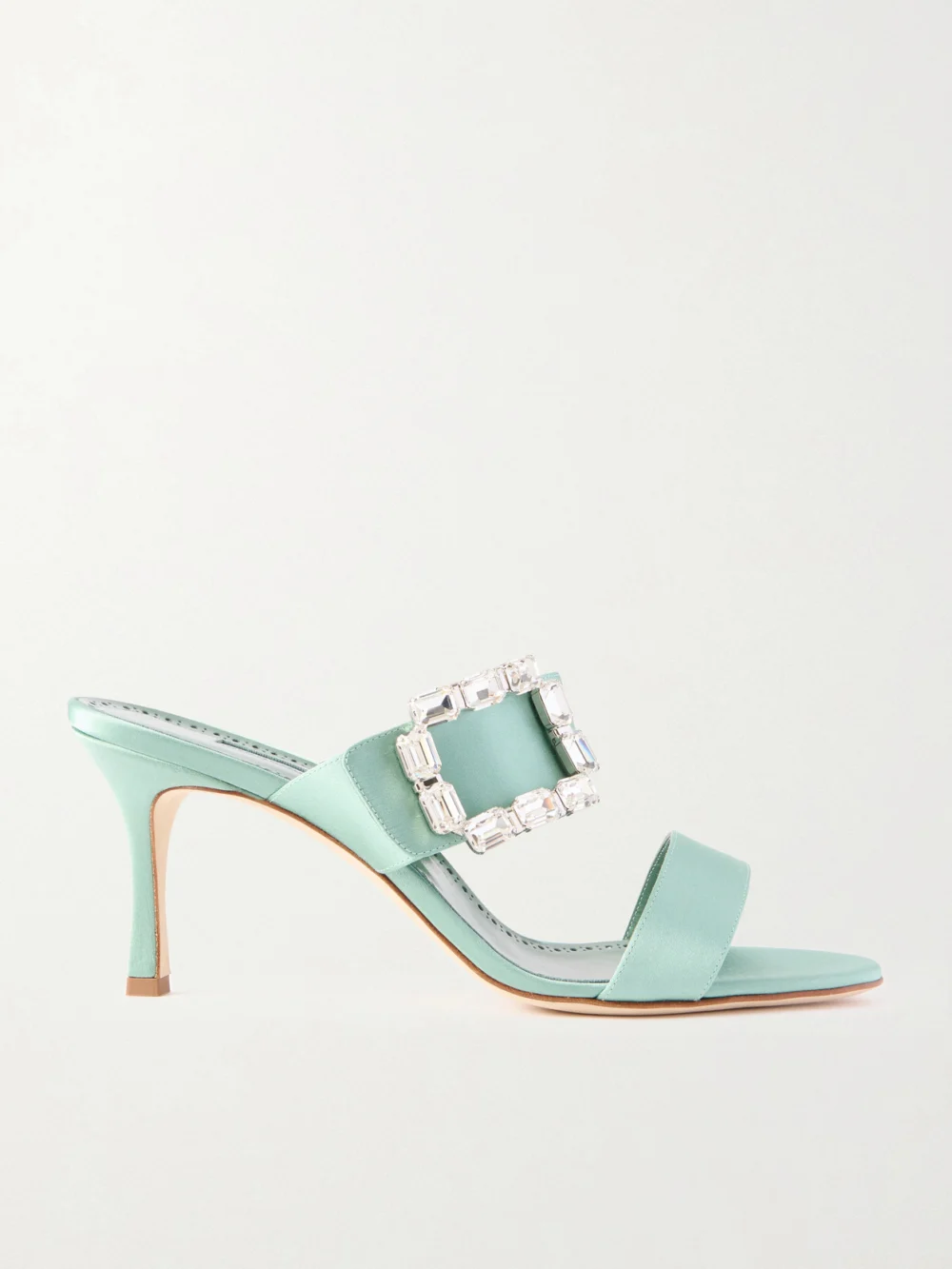 Manolo Blahnik Mayjousan 70 Crystal-embellished Satin Mules in sage green